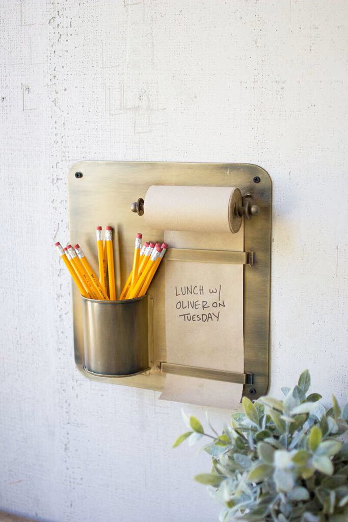 Antique Brass Hanging Note Roll and Pencil Cup