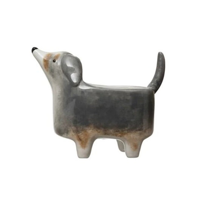 Ceramic Hand-Painted Dog Planter, Grey