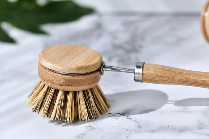 Desesh - Long Handle Wood & Metal Dish Brush (Plastic Free): Softer & Lighter Colored Bristles Only
