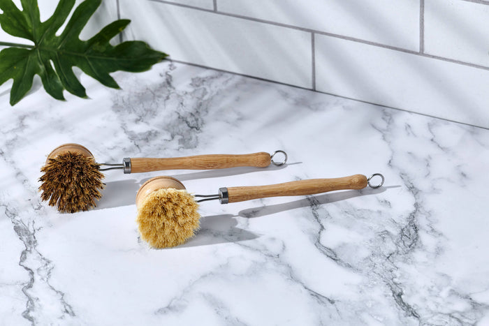 Desesh - Long Handle Wood & Metal Dish Brush (Plastic Free): Softer & Lighter Colored Bristles Only
