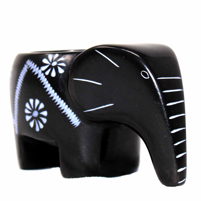 Elephant Soapstone Tea Light - Black Finish with Etch Design