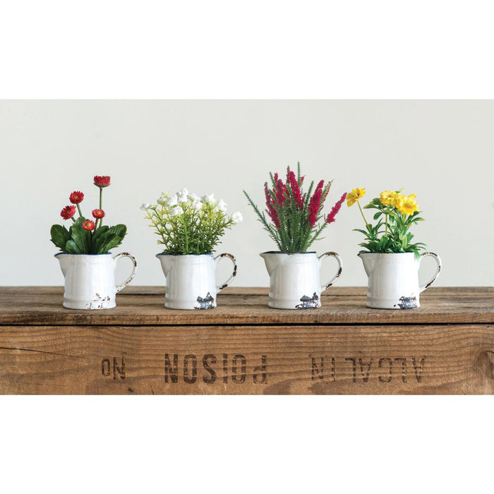 Faux Flowers in Ceramic Pitcher, White