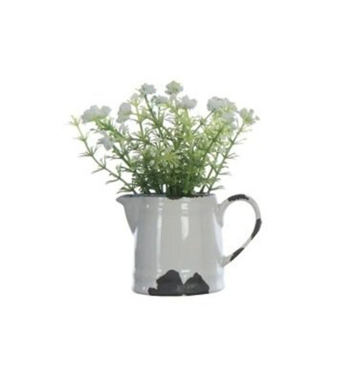 Faux Flowers in Ceramic Pitcher, White