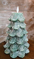 Green Xmas Tree w/ Glitter Moving Flame LED Candle 5x6.5in