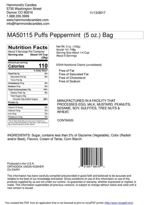 Hammond's Candies - All-Natural Classic Candy - Puffs - Peppermint -5oz Gift Bag