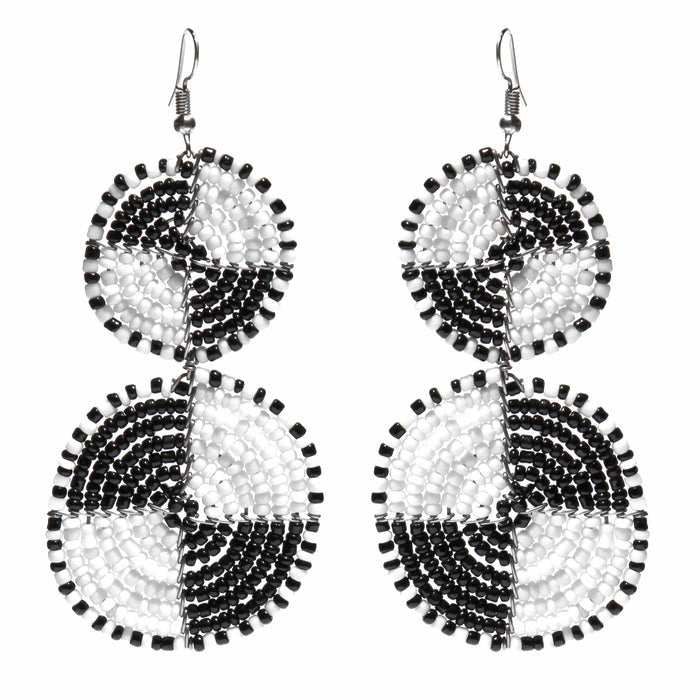 Maasai Bead Double Circle Dangle Earrings, White and Black