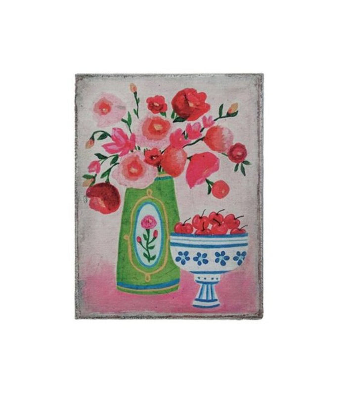 Pink Wood Framed Canvas Wall Décor w/ Flowers, 12"