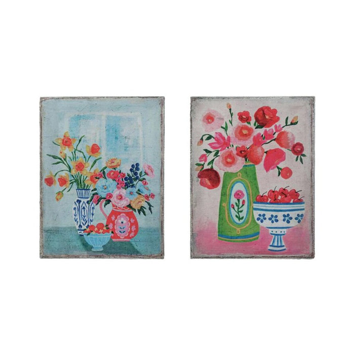 Pink Wood Framed Canvas Wall Décor w/ Flowers, 12"