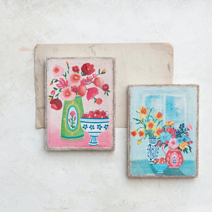 Pink Wood Framed Canvas Wall Décor w/ Flowers, 12"