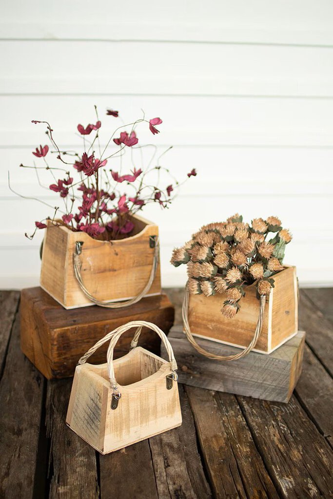 Rustic Recycle Wood Hand Bag Planter, 6.5"