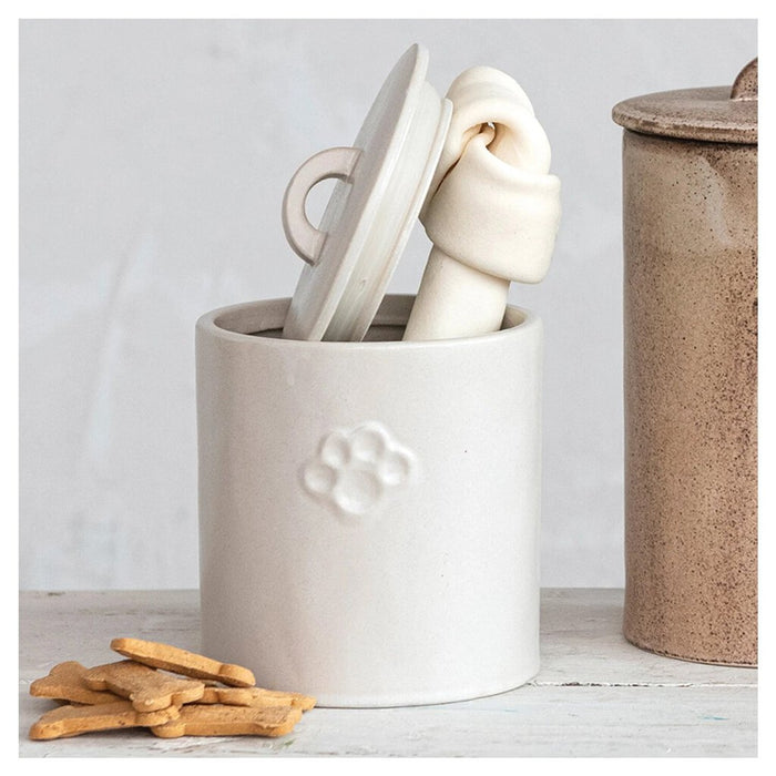 Stoneware Treat Jar with Paw Print, White