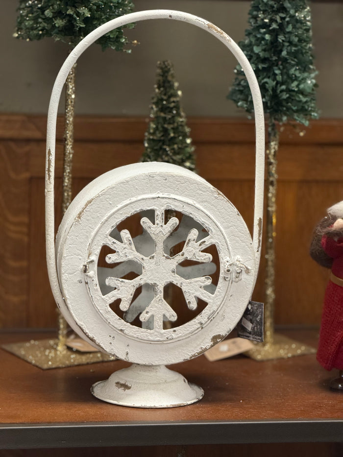 White Rust Finish SNOW FLAKE LANTERN Elec Pillar Holder 10x6x18”