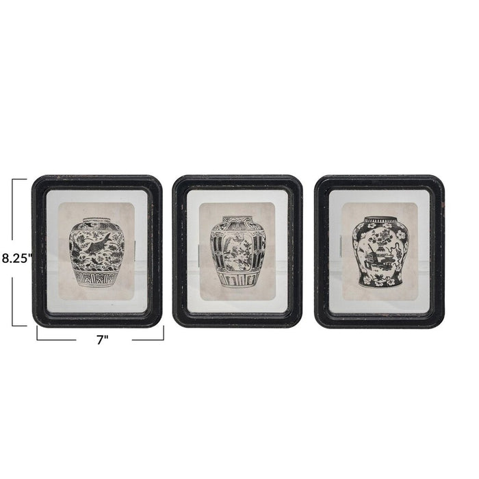Wood Framed Glass Wall Décor w/ Floating Vase Print, Style 3
